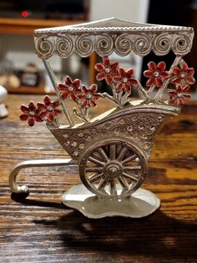 Silver Floral Cart earring holder Figurine with Red Enamel Flowers